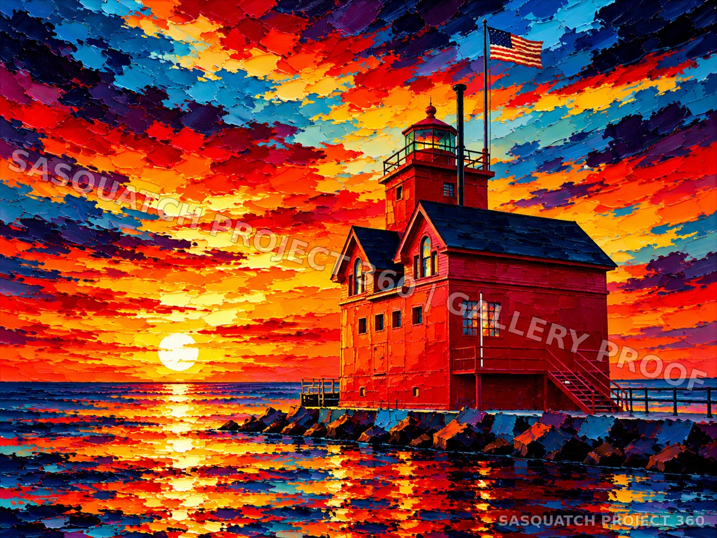Artistic interpretation of Holland Harbor Lighthouse “Big Red” at sunset.