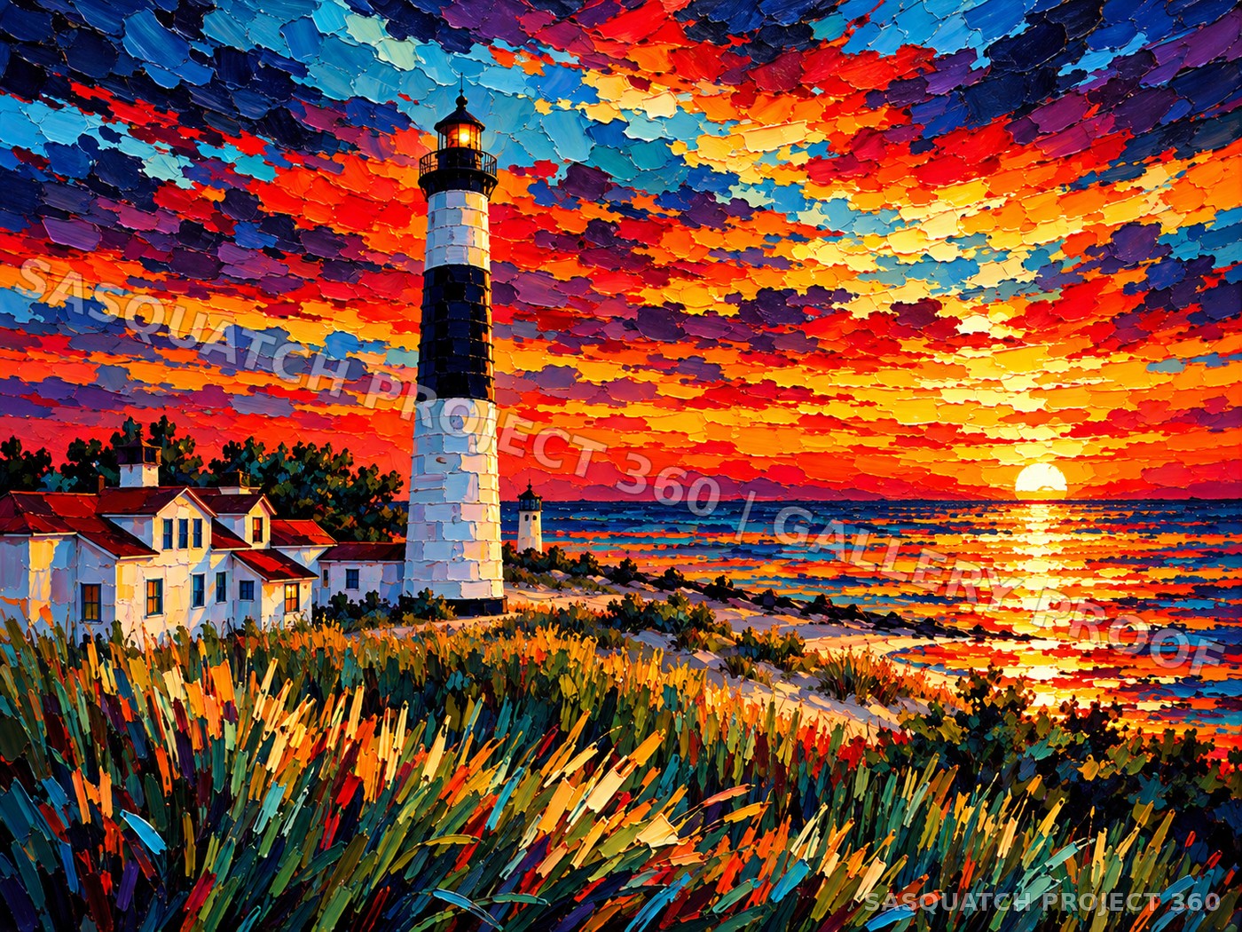 Artistic interpretation of Big Sable Point Lighthouse at sunset.