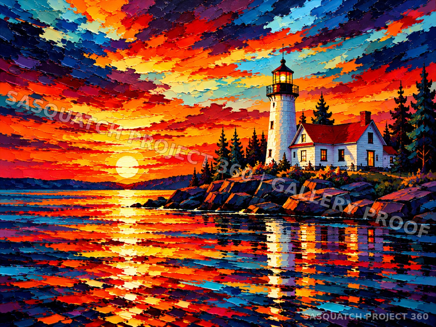 Artistic interpretation of Eagle Harbor Lighthouse at sunset.