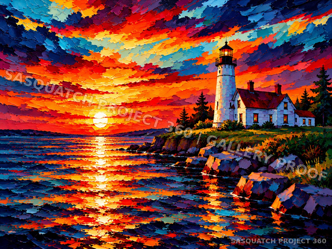 Artistic interpretation of Forty Mile Point Lighthouse at sunset.