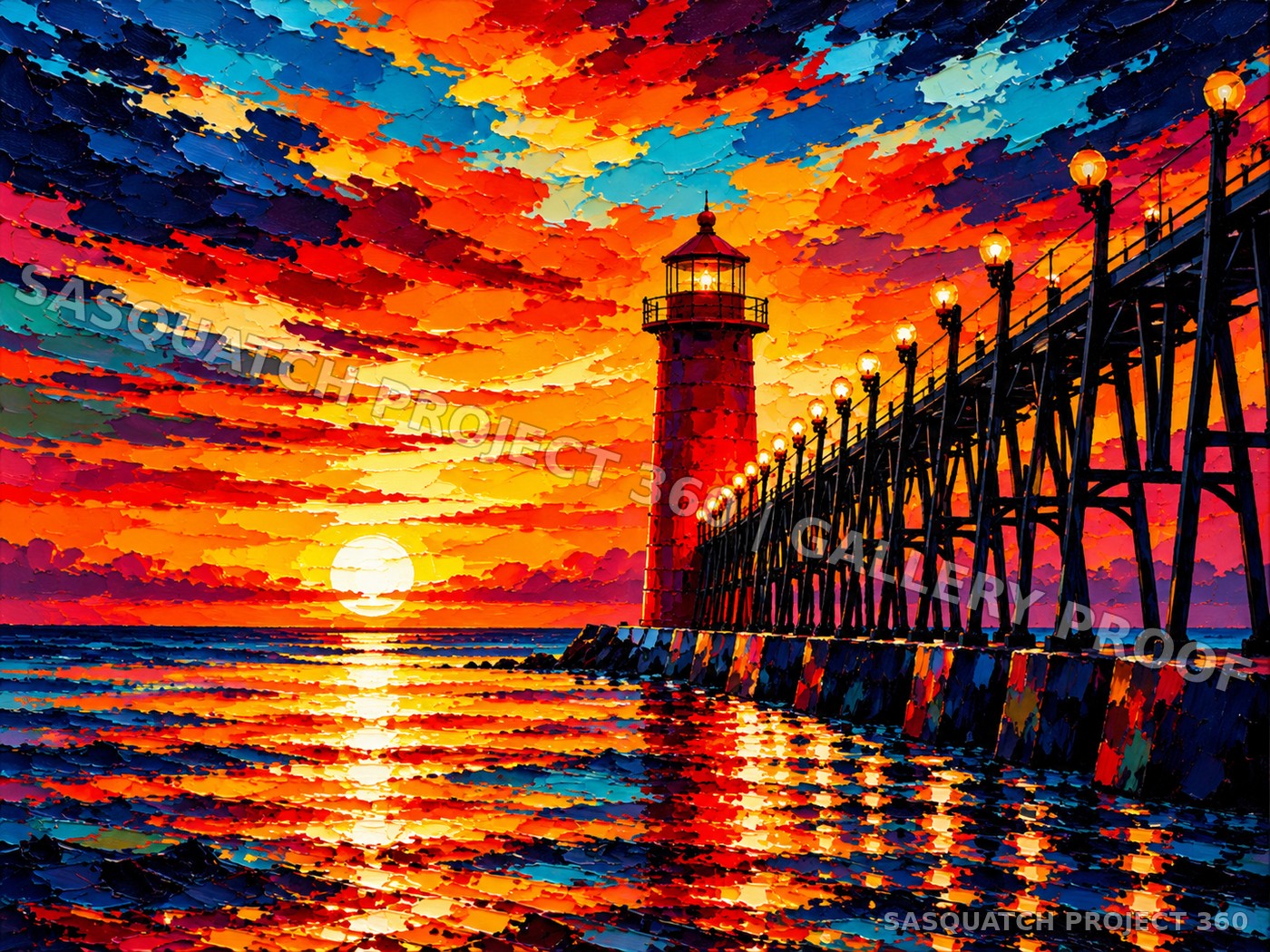 Artistic interpretation of Grand Haven South Pier Light at sunset.