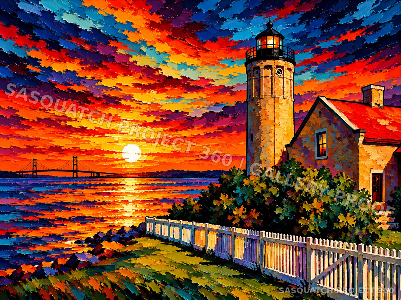 Artistic interpretation of Old Mackinac Point Lighthouse at sunset.