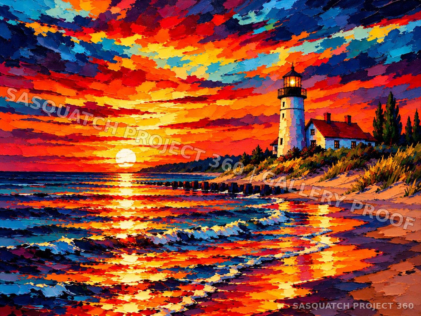 Artistic interpretation of Point Betsie Lighthouse at sunset.