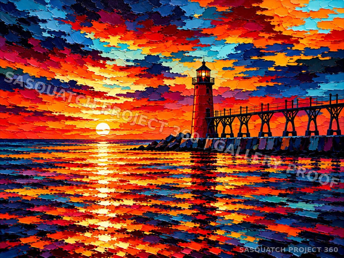 Artistic interpretation of St. Joseph North Pier Lights at sunset.