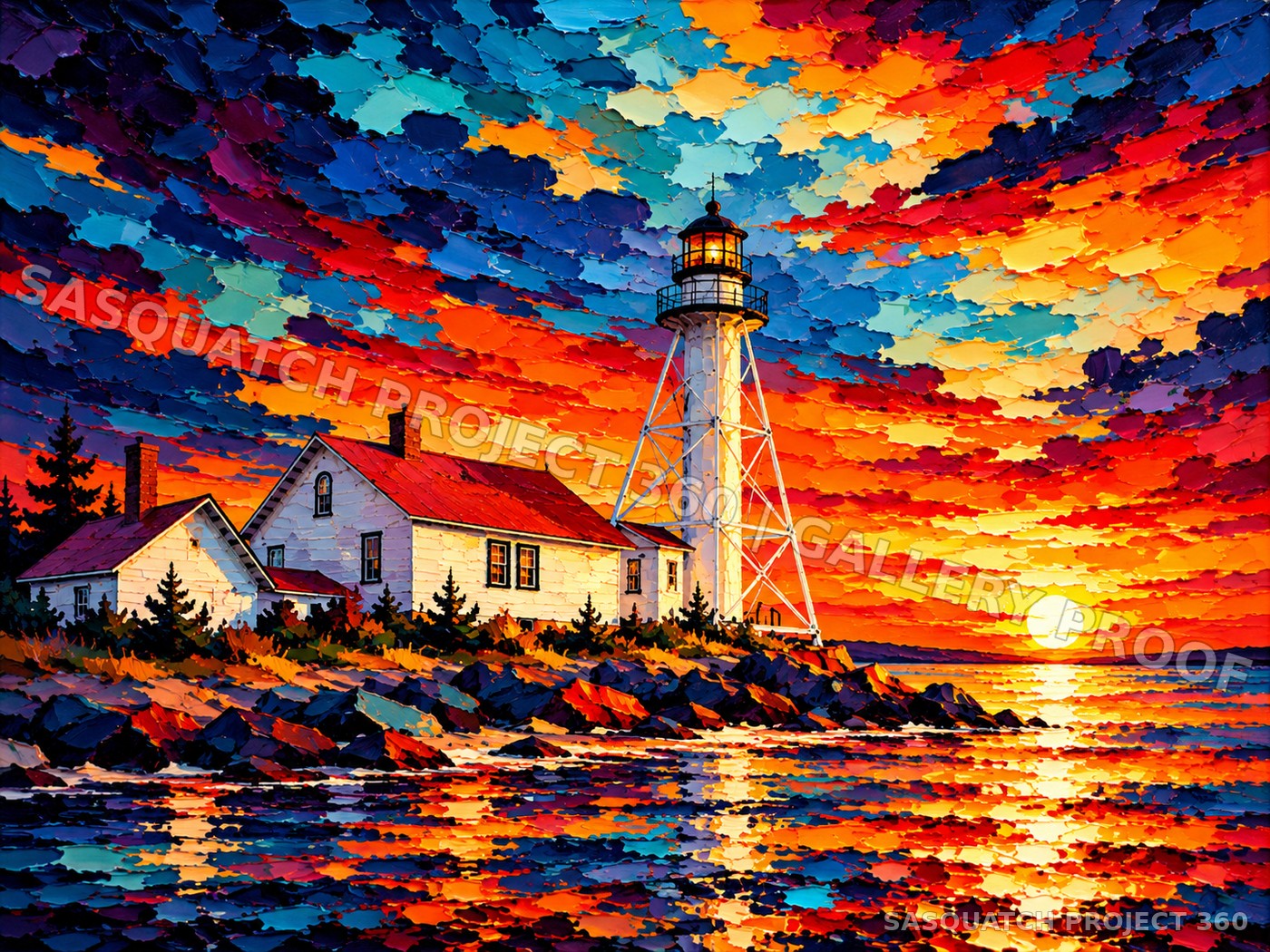 Artistic interpretation of Whitefish Point Light at sunset.