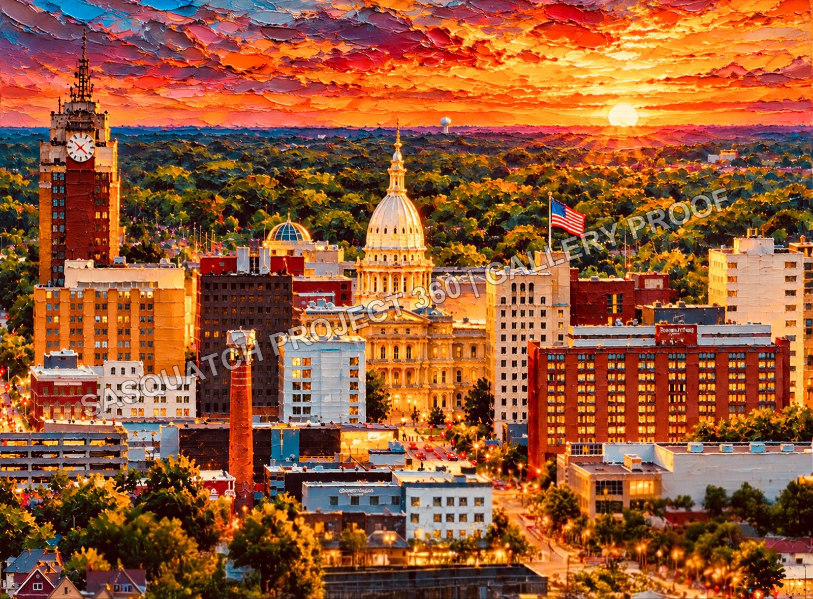 Michigan Capitol in a Lansing-inspired cityscape beneath a luminous gold-and-orange sunset, with palette-knife-style texture.
