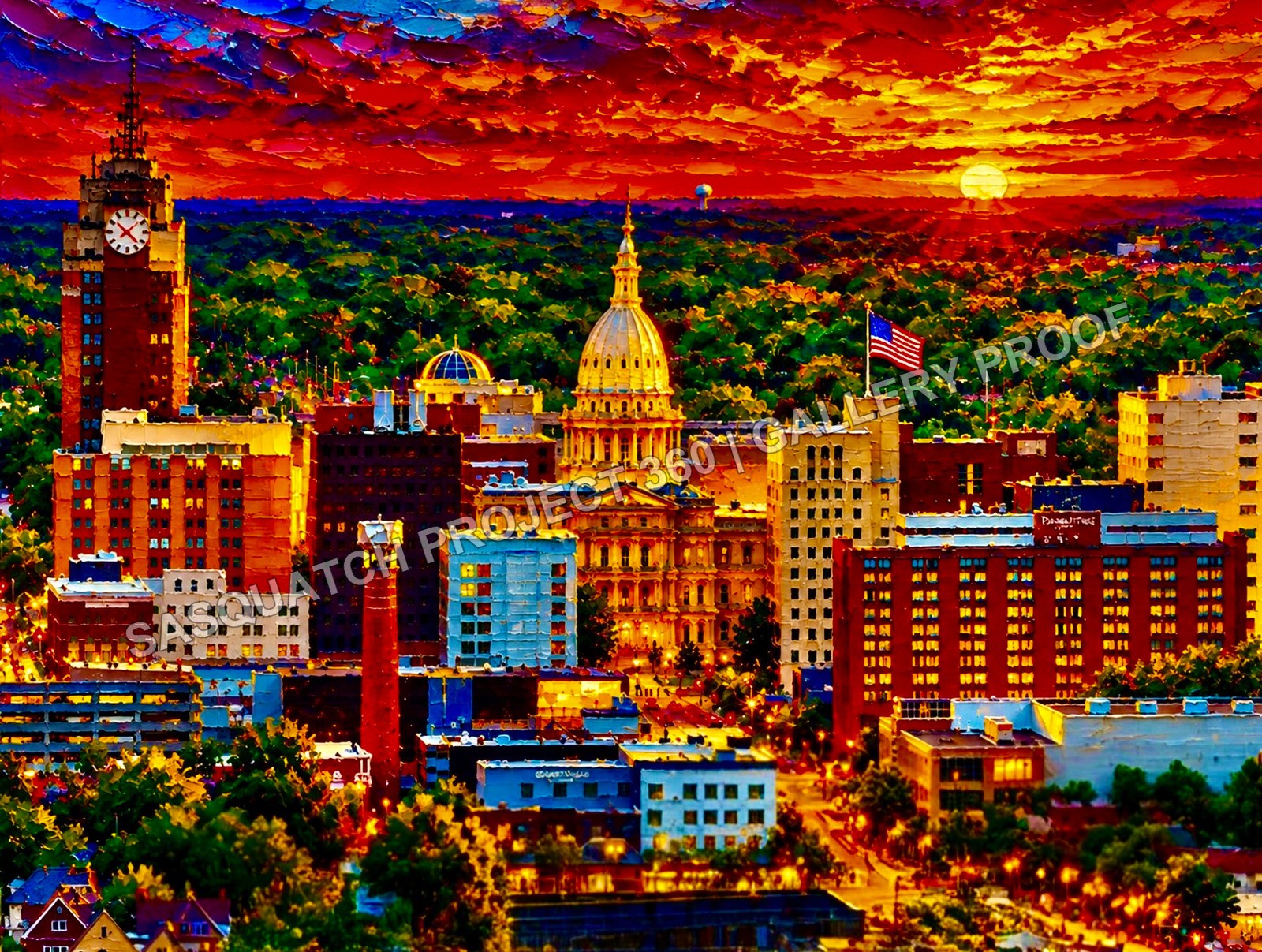 Michigan Capitol and Lansing-inspired cityscape beneath a bold red and orange sunset, rendered with palette-knife-style texture.