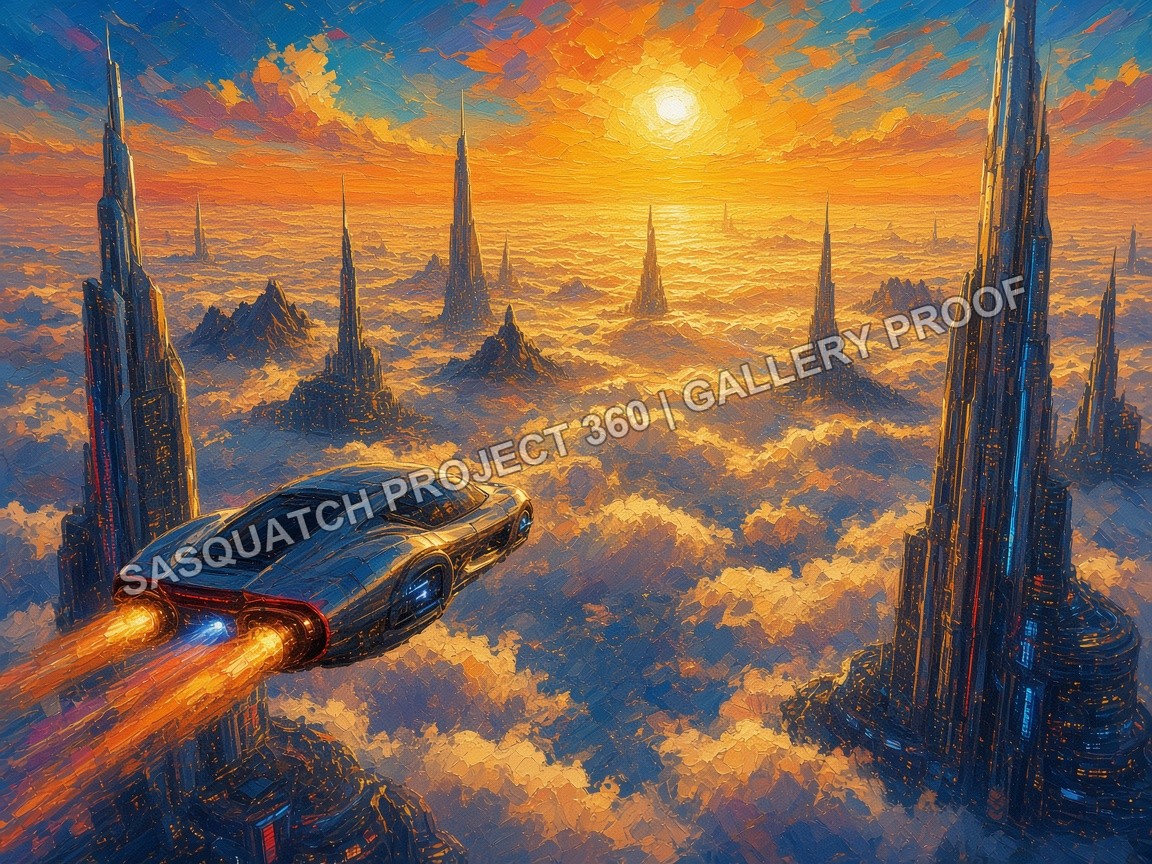 A fictional rocket-powered car flies above a sunset city in the clouds.
